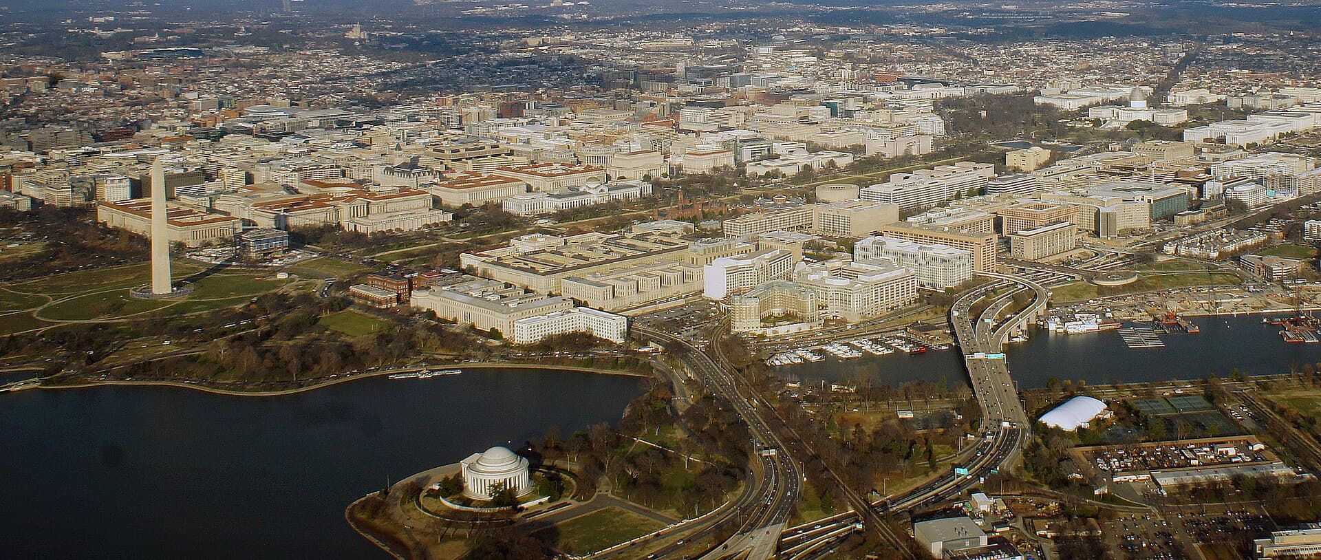 Aerial view of the National Mall, Tidal Basin, and Washington monuments